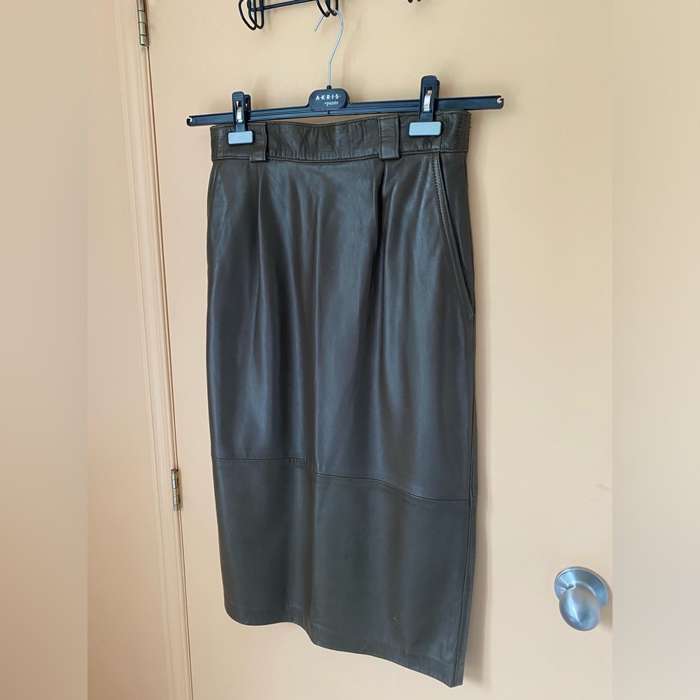 Vintage Olive Green Leather Midi Skirt sz M